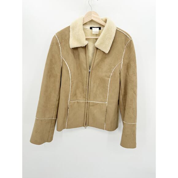 Tribal Womens Y2K 90s Suede Jacket Tan Full Zip Boho Sherpa Lined Size M - Picture 1 of 6